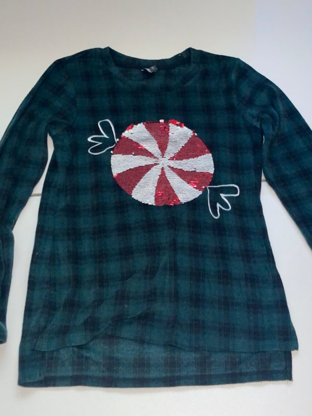Jaclyn Intimates Holiday Green Plaid Sequin Peppermint Candy Long Sleeve Top